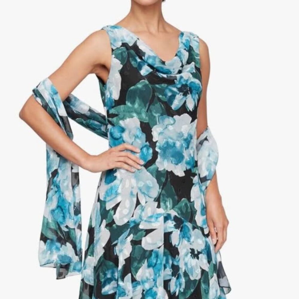 Alex Evenings Teal & Blue Floral Chiffon Sleeveless Dress with Scarf
